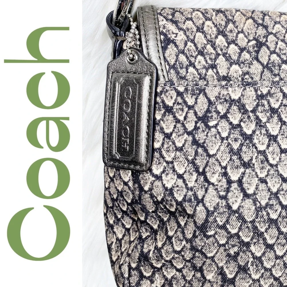Coach Snakeskin Print Canvas Metallic Leather Shoulder Crossbody Satchel‎ Gray